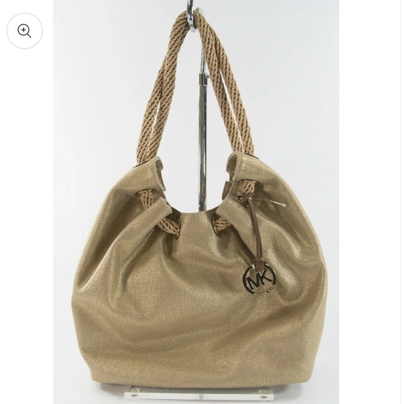 Michael Kors Marina Gathered Drawstring Gold Metallic Shimmer Hobo Shoulder Bag. - Picture 1 of 15